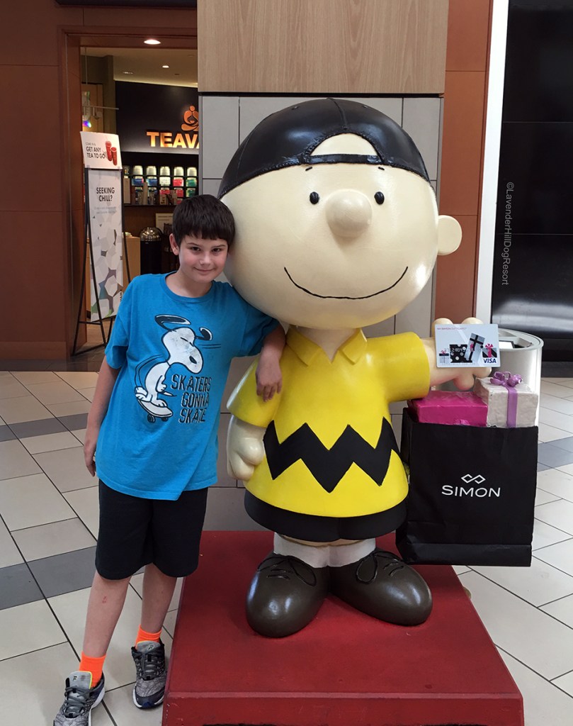 A boy standing next to a statue of Charlie Brown inside a mall.